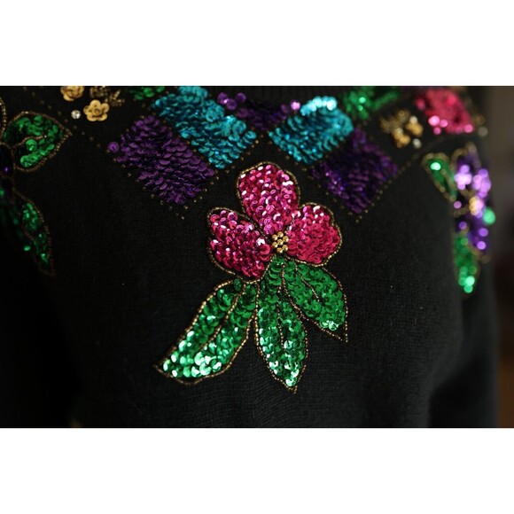 Vintage In Charge Black Floral Sequin Sweater Lambswool Angora Medium 80s - Picture 4 of 11